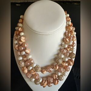 Elegant VTG Hong Kong Bronze and Gold Tones Beaded 3 Layer Necklace 17”